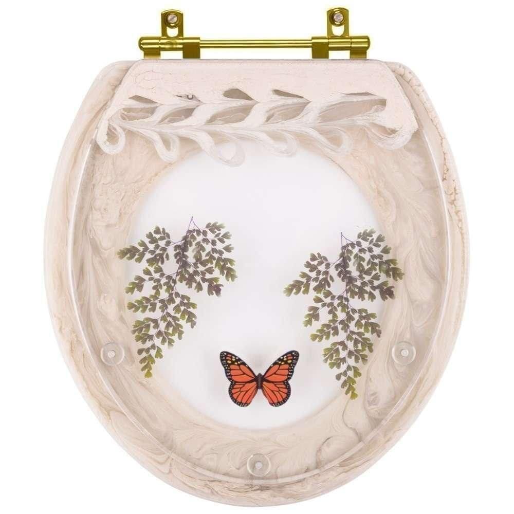 Assento Sanitário Poliester Decorado Oval Convencional Bege Claro Avenca Com Borboleta Vermelha Com Ferragem Dourada