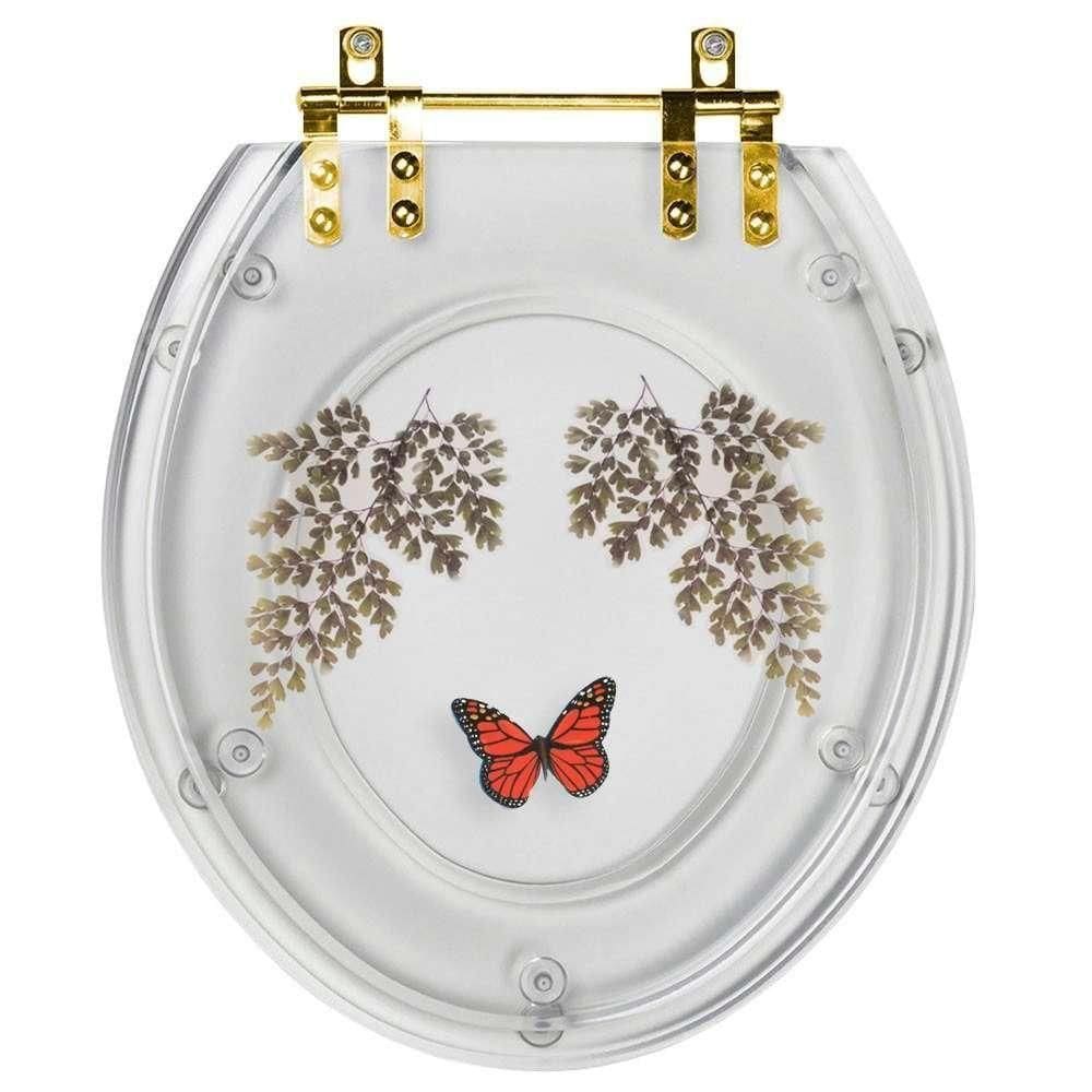 Assento Sanitário Poliester Decorado Oval Transparente Avenca Com Borboleta Vermelha Com Ferragem Dourada