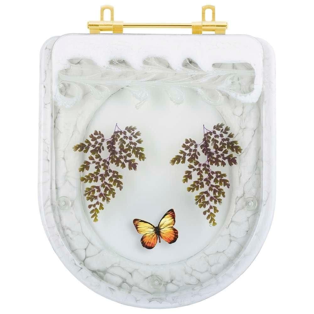 Assento Sanitario Poliester Decorado Borboleta Amarela Carrara Para Vaso Deca Com Ferragem Dourada