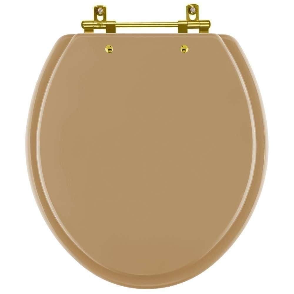 Assento Sanitário Convencional Oval Bege Castor Para Vaso Deca Com Ferragem Dourada