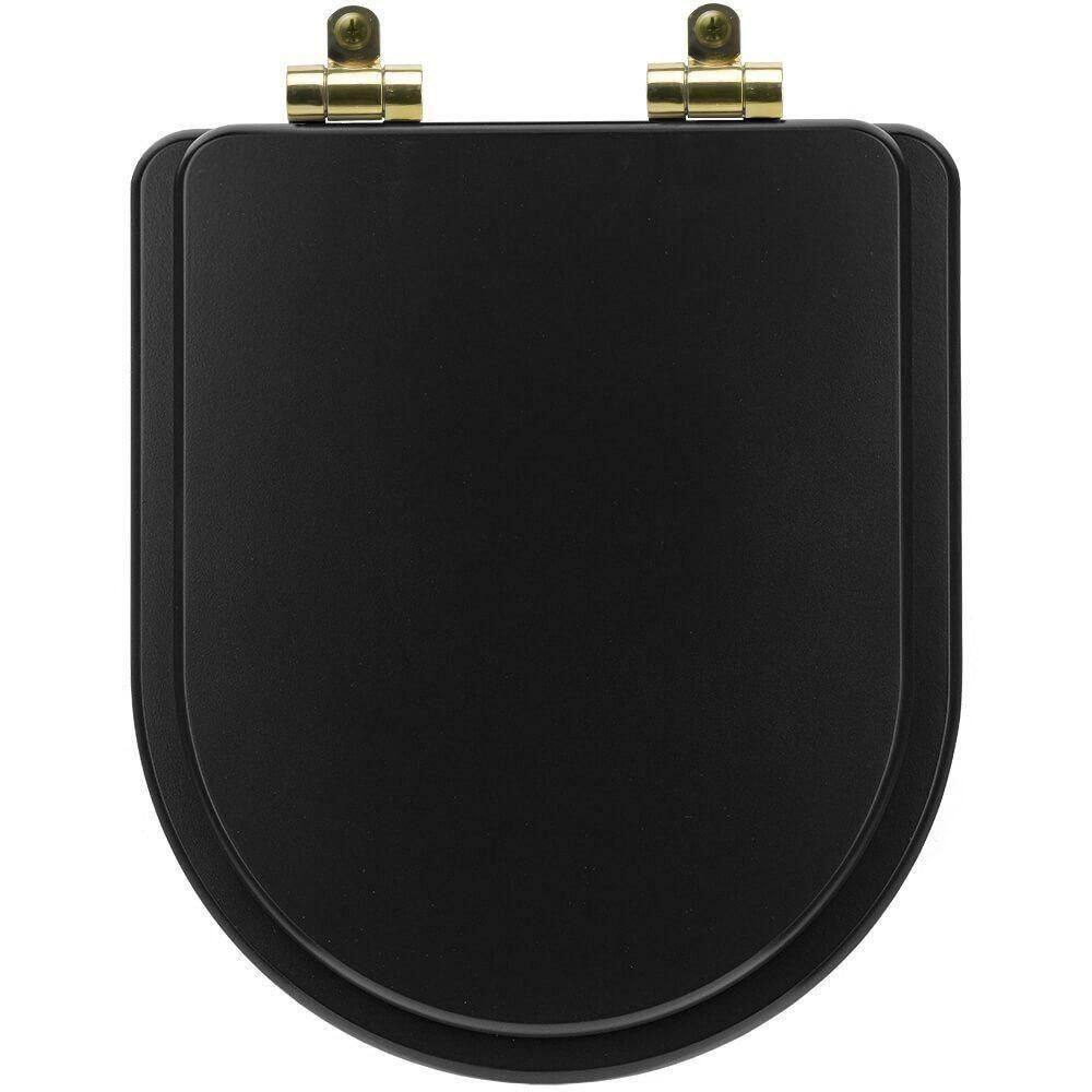 Tampa De Vaso Poliéster Com Amortecedor Link-lk Preto Fosco Para Bacia Deca Com Ferragem Dourada