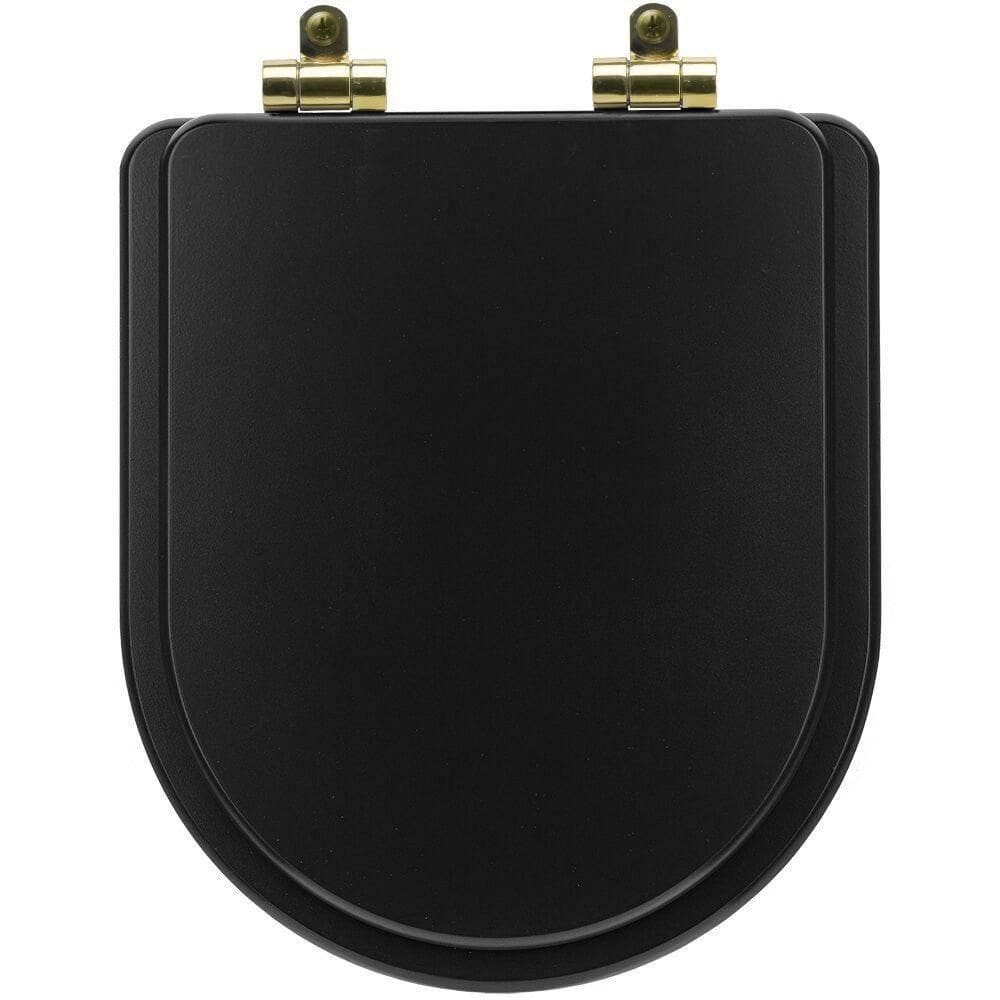 Tampa De Vaso Poliéster Com Amortecedor Duna Preto Fosco Para Bacia Deca Com Ferragem Dourada