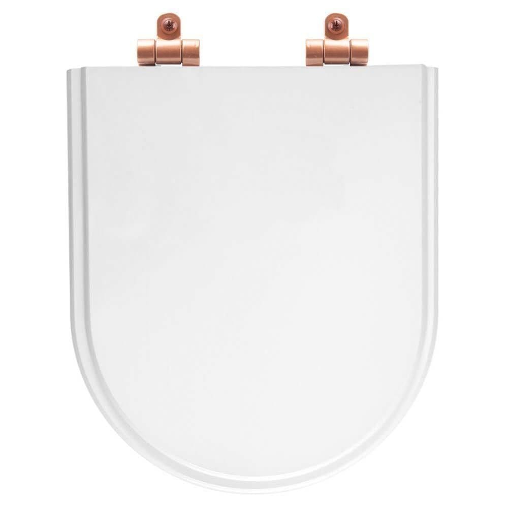 Tampa De Vaso Poliéster Com Amortecedor Carrara Branco Para Bacia Deca Com Ferragem Rose Gold