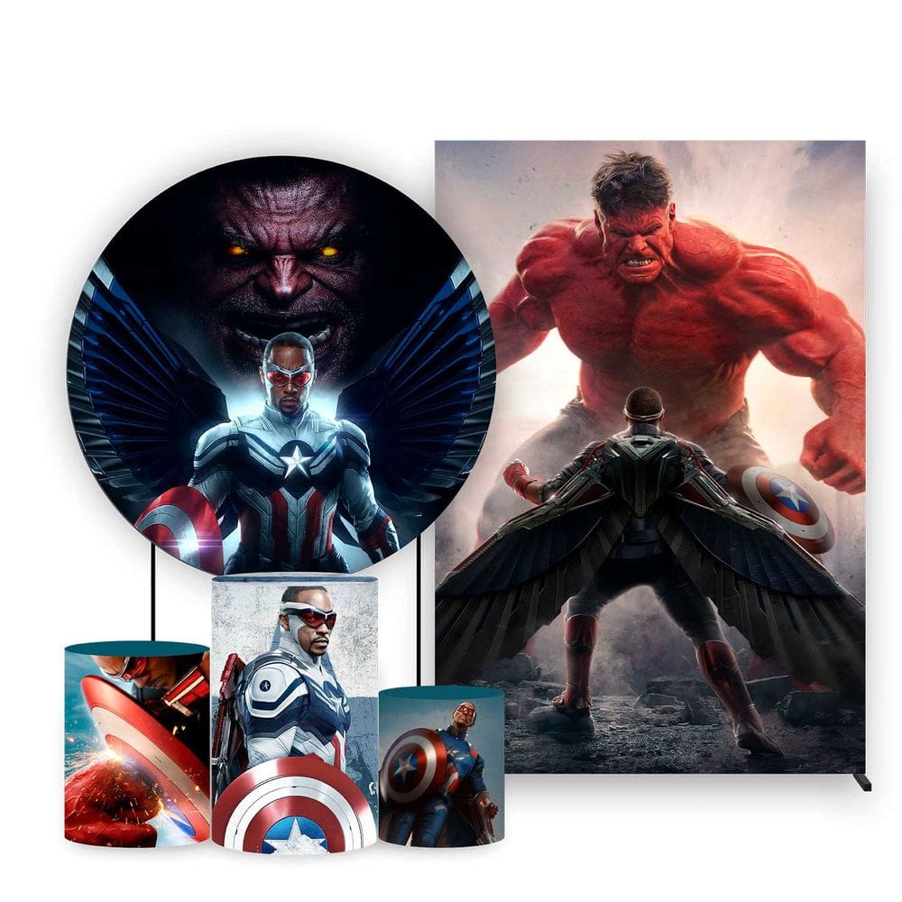 Kit Painel de Festa Redondo, Trio de Cilindros e Painel Lateral Novo Capitão América - Fera Print