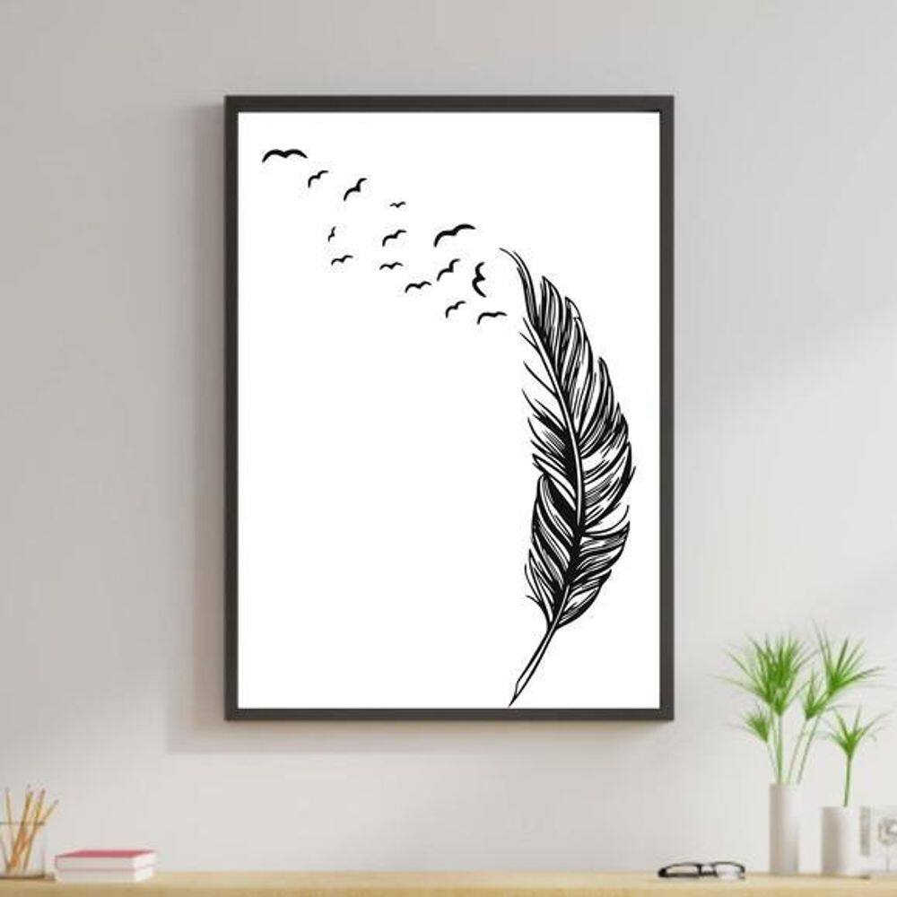 Quadro Pena Pássaros Voando 60X40Cm Moldura Preta