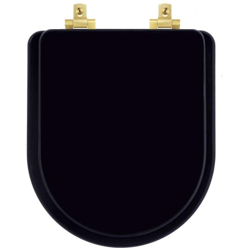 Tampa De Vaso Laqueado Com Amortecedor Duna Preto Para Bacia Deca Com Ferragem Dourada