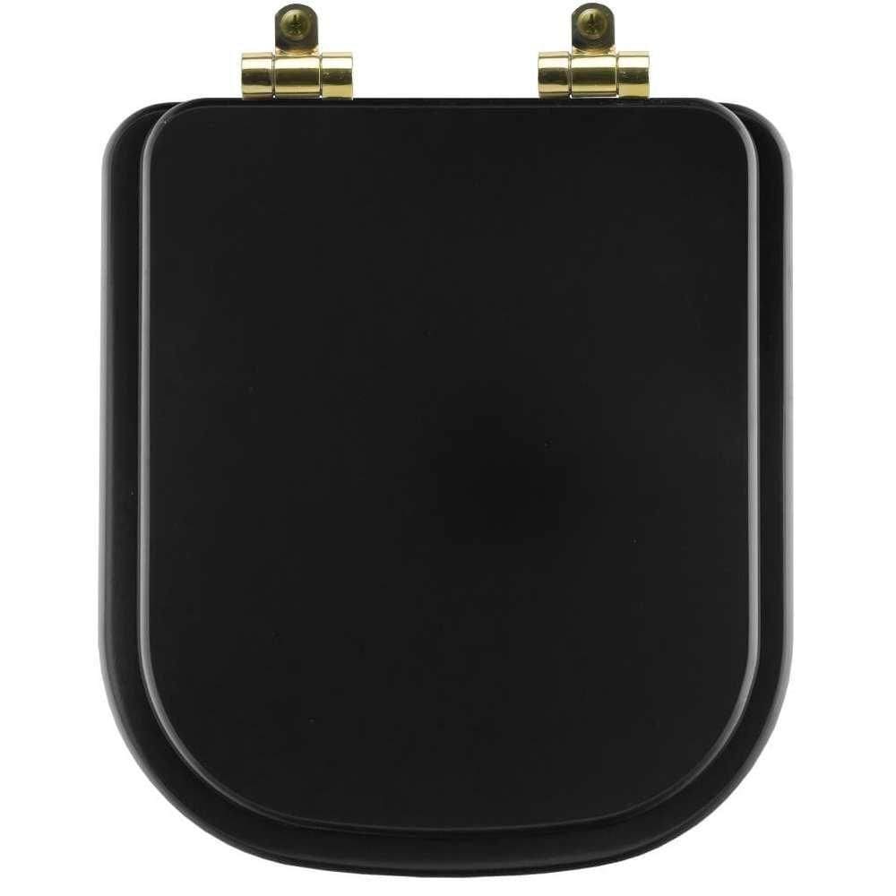 Tampa De Vaso Poliéster Com Fechamento Lento Quadra Preto Fosco Para Louça Deca Com Ferragem Dourada