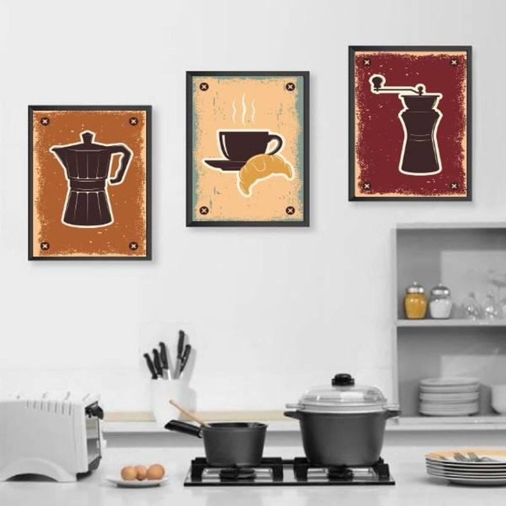 Kit 3 Quadros Café Com Croissant 24X18Cm - Com Vidro