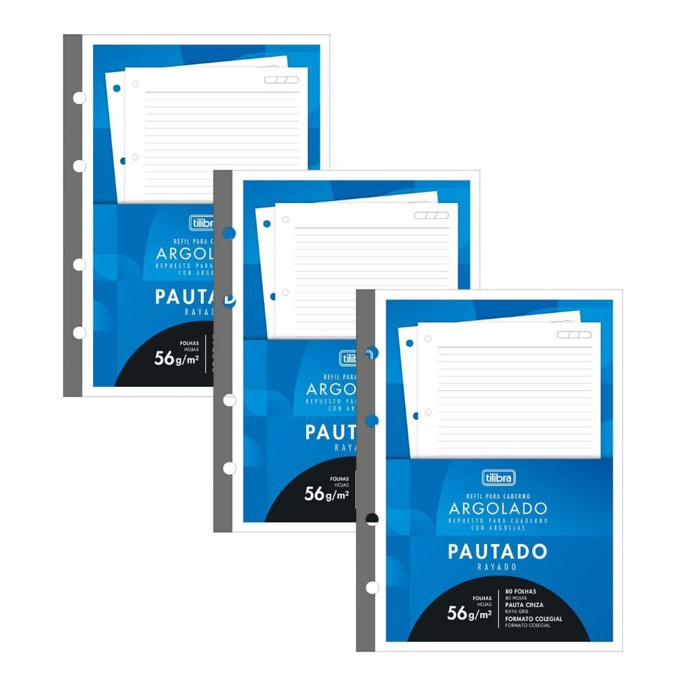 Kit 03 Blocos de Folhas Fichario (COLEGIAL) Tiliflex Refil Pautado P/ Caderno Argolado 80 Folhas Tilibra