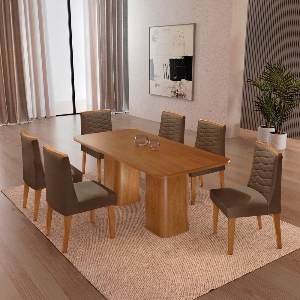 Mesa 180cm Tampo Mdf Canto Copo 6 Cadeiras Sakura Marrom/ Naturalle / Off White
