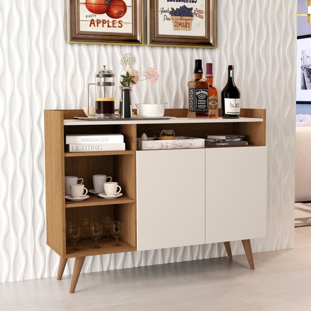 Aparador Buffet com 2 Portas e Pés em Madeira Maciça Freijó/Off White