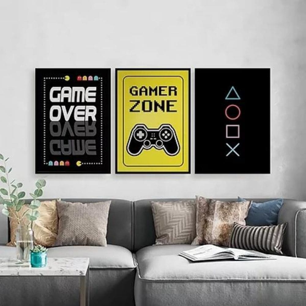 Kit 3 Quadros Gamer Game Over 33x24cm Moldura Madeira Branca