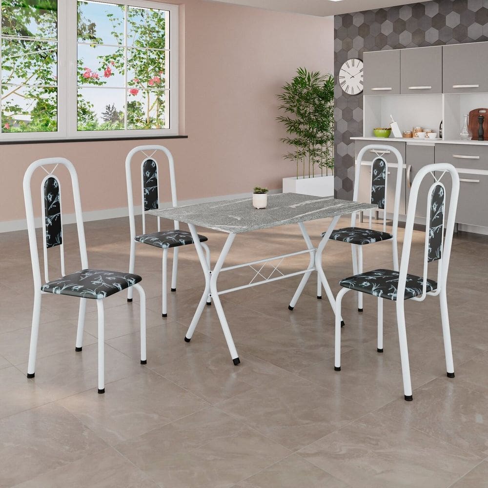 Conjunto de Mesa Tubular 100x60cm Tampo em Granito com 4 Cadeiras Lívia Preto Floral / Branco