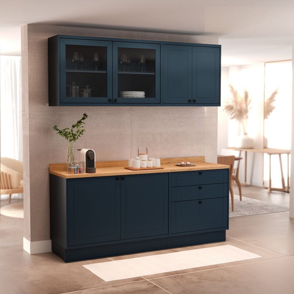 Cozinha Compacta 4 Peças 6 Portas 3 Gavetas com Tampo Sevilha Azul Órion