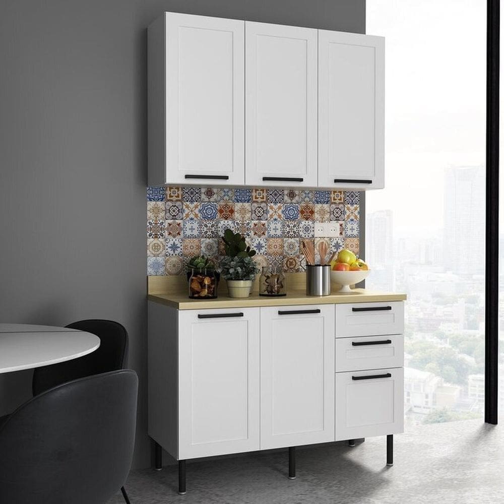 Cozinha Internacional 120cm 2 Peças, 5 Portas e 3 Gavetas Branco