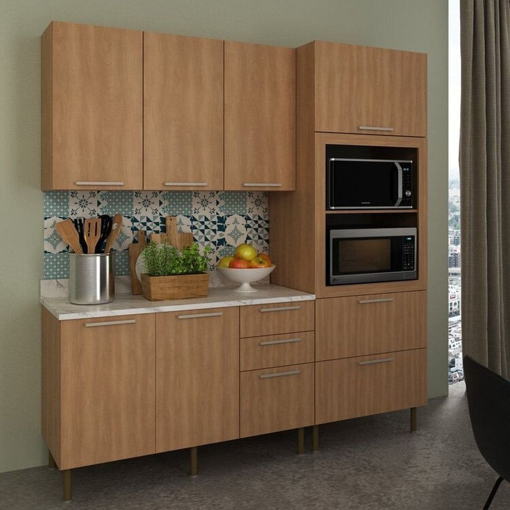 Cozinha Compacta 200cm 3 Peças, 6 Portas e 5 Gavetas Freijó