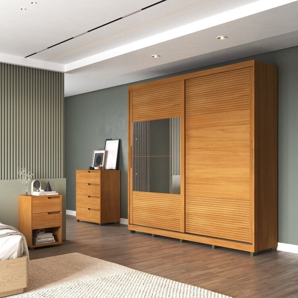 Quarto Casal com Guarda-Roupa 2 Portas de Correr, Cômoda e 2 Mesas de Cabeceira Malthus Marrom
