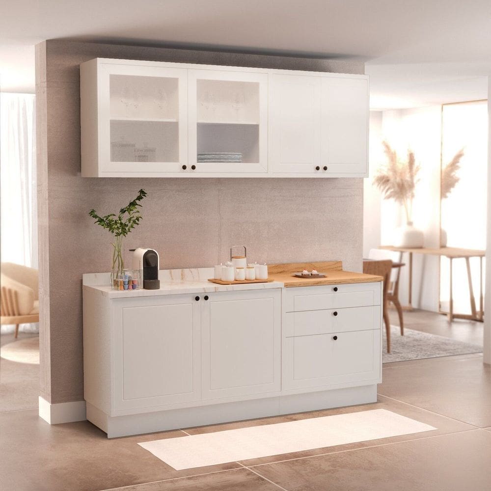 Cozinha Compacta 4 Peças 6 Portas 3 Gavetas 1 Tampo Sevilha Branco Artico