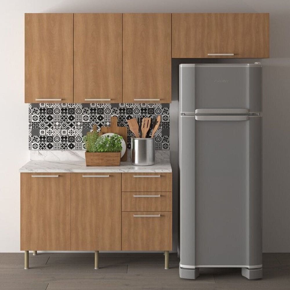 Cozinha Compacta 200cm 3 Peças, 6 Portas e 3 Gavetas Freijó