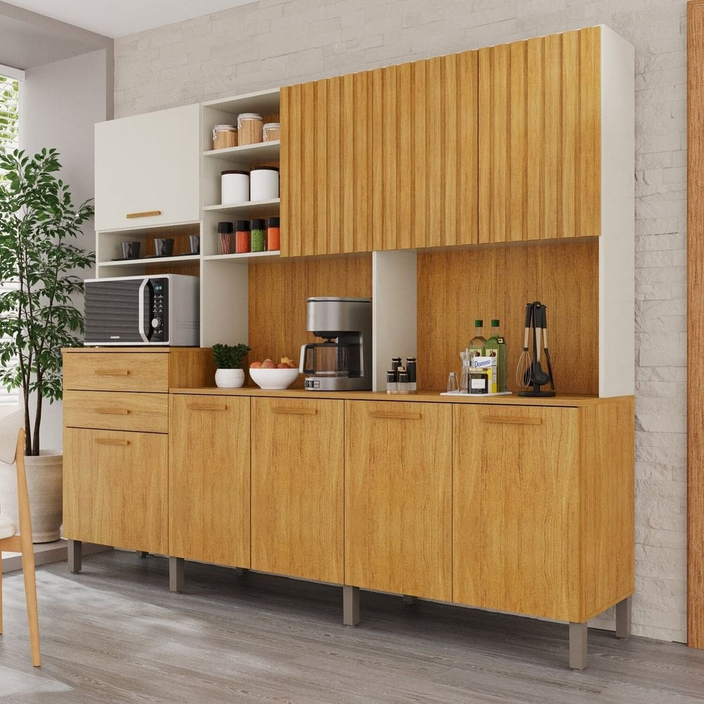 Cozinha Compacta 9 Portas 2 Gavetas Louvre Cinamomo / Off White Acetinado