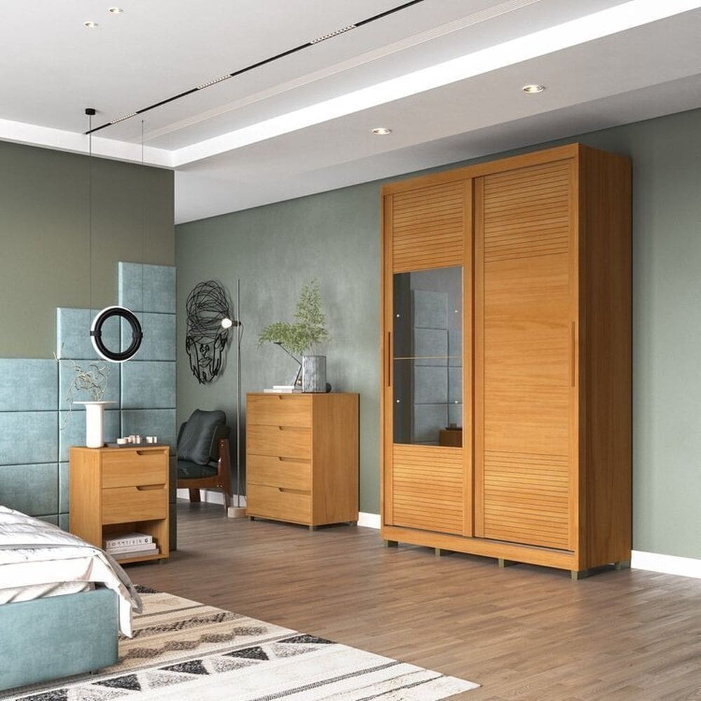 Quarto Solteiro com Guarda-Roupa 2 Portas de Correr, Cômoda e 1 Mesa de Cabeceira Thales Marrom