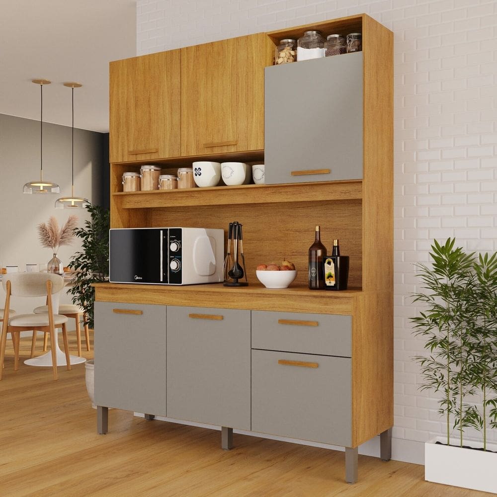 Cozinha Compacta 6 Portas 1 Gaveta Nápoles Cinamomo / Cinza Acetinado