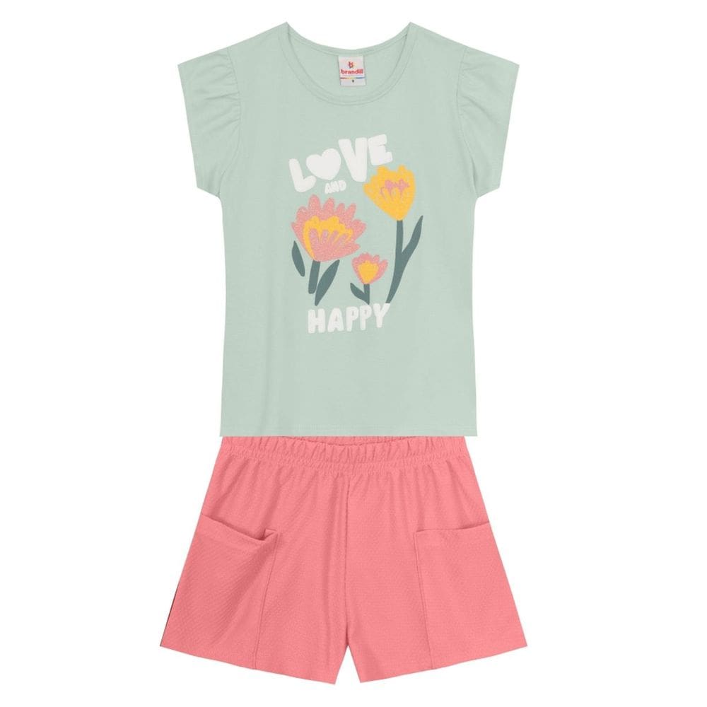 Conjunto Infantil Menina De Flores Com Glitter Verde