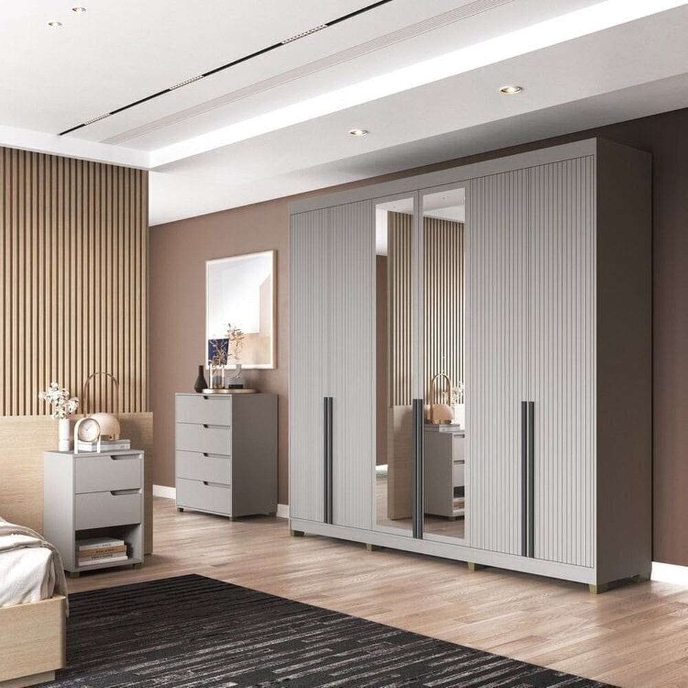 Quarto Casal com Guarda-Roupa 6 Portas, Cômoda e 2 Mesas de Cabeceira Newton Cinza