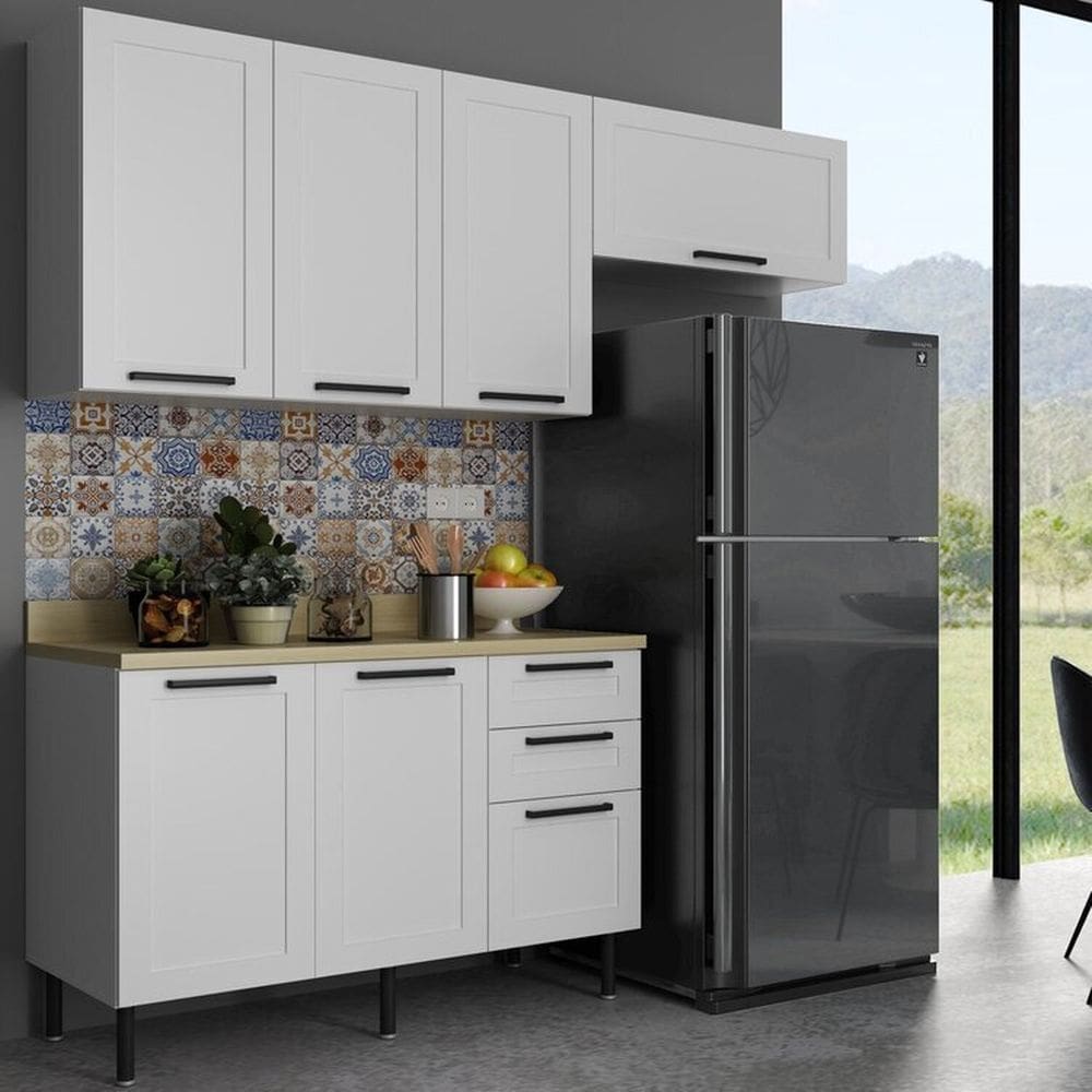 Cozinha Internacional 200cm 4 Peças, 6 Portas e 3 Gavetas Branco