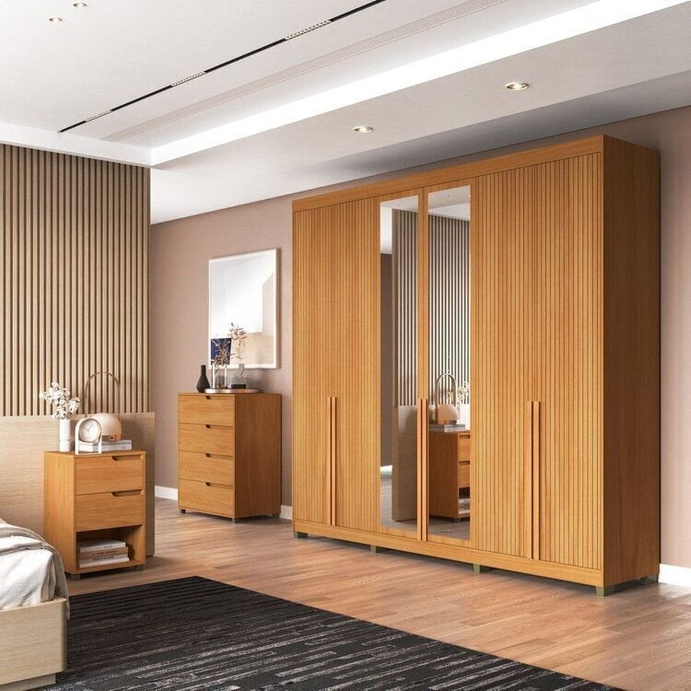 Quarto Casal com Guarda-Roupa 6 Portas, 1 Cômoda e 2 Mesas de Cabeceira Newton Marrom