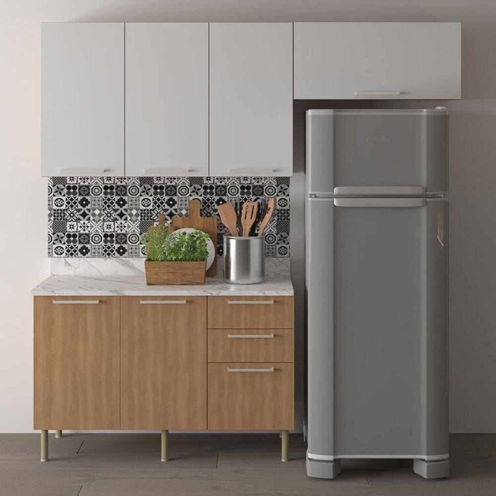 Cozinha Compacta 200cm 3 Peças, 6 Portas e 3 Gavetas Freijó/Branco
