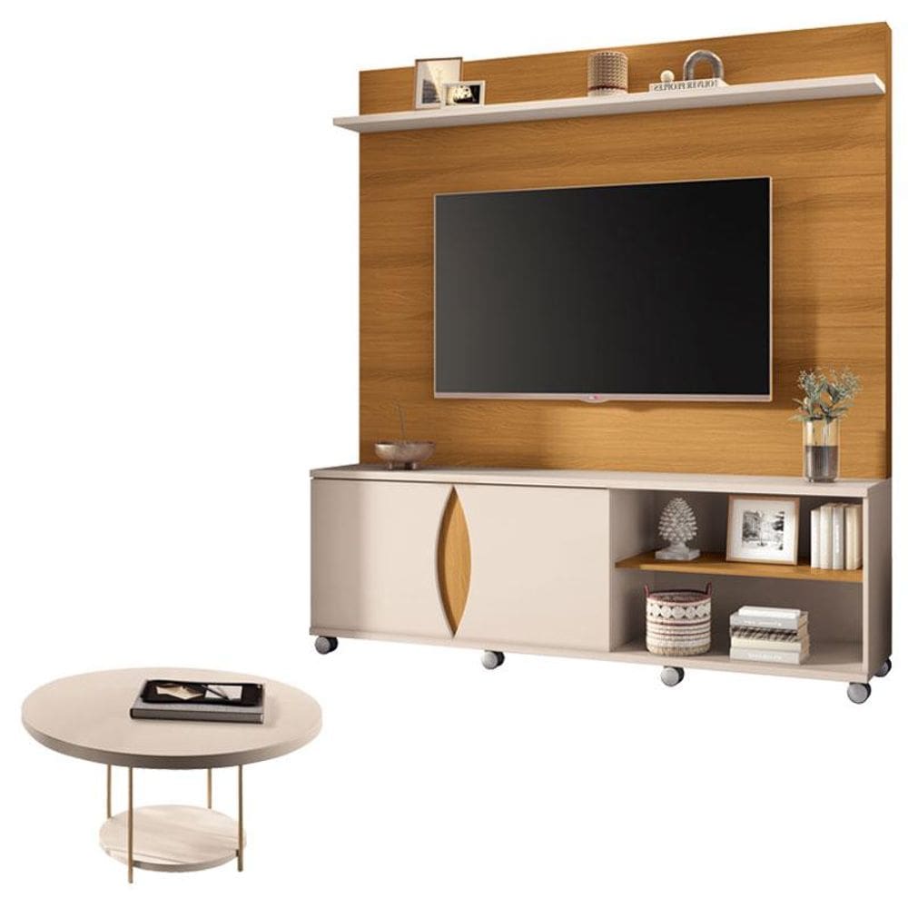 Estante Home Theater Luxor Cinamomo Off White e Mesa de Centro sky Off White- HB Móveis