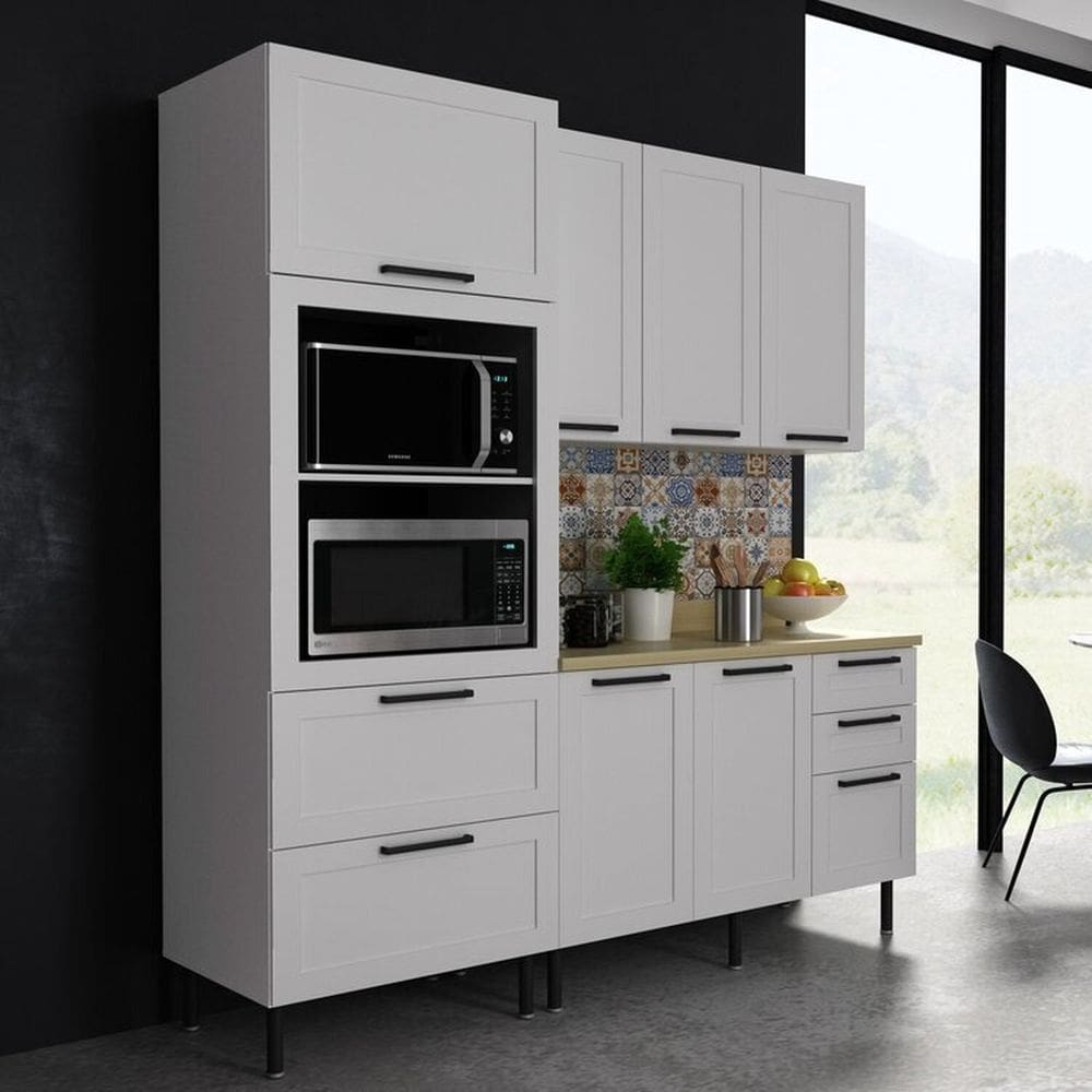Cozinha Internacional 190cm 3 Peças, 6 Portas e 5 Gavetas Branco