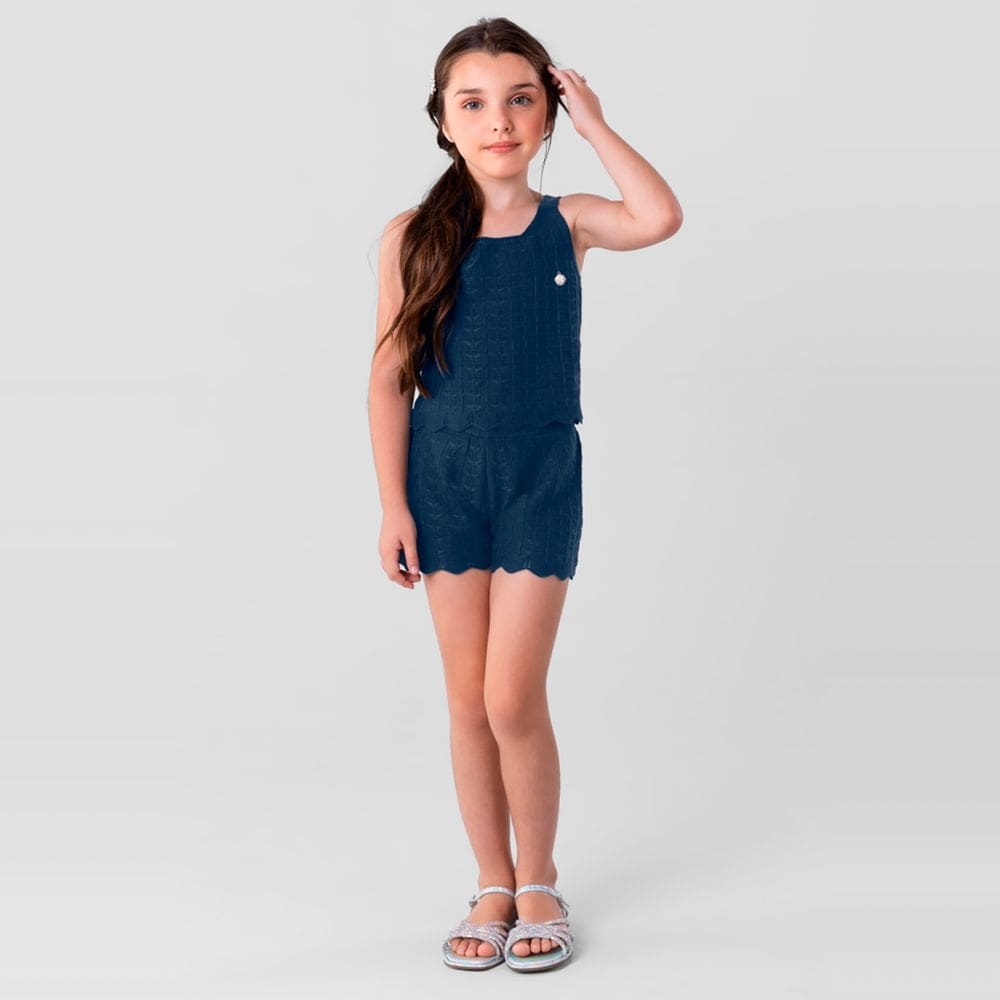 Conjunto Infantil Menina Em Tricô Azul Mundi