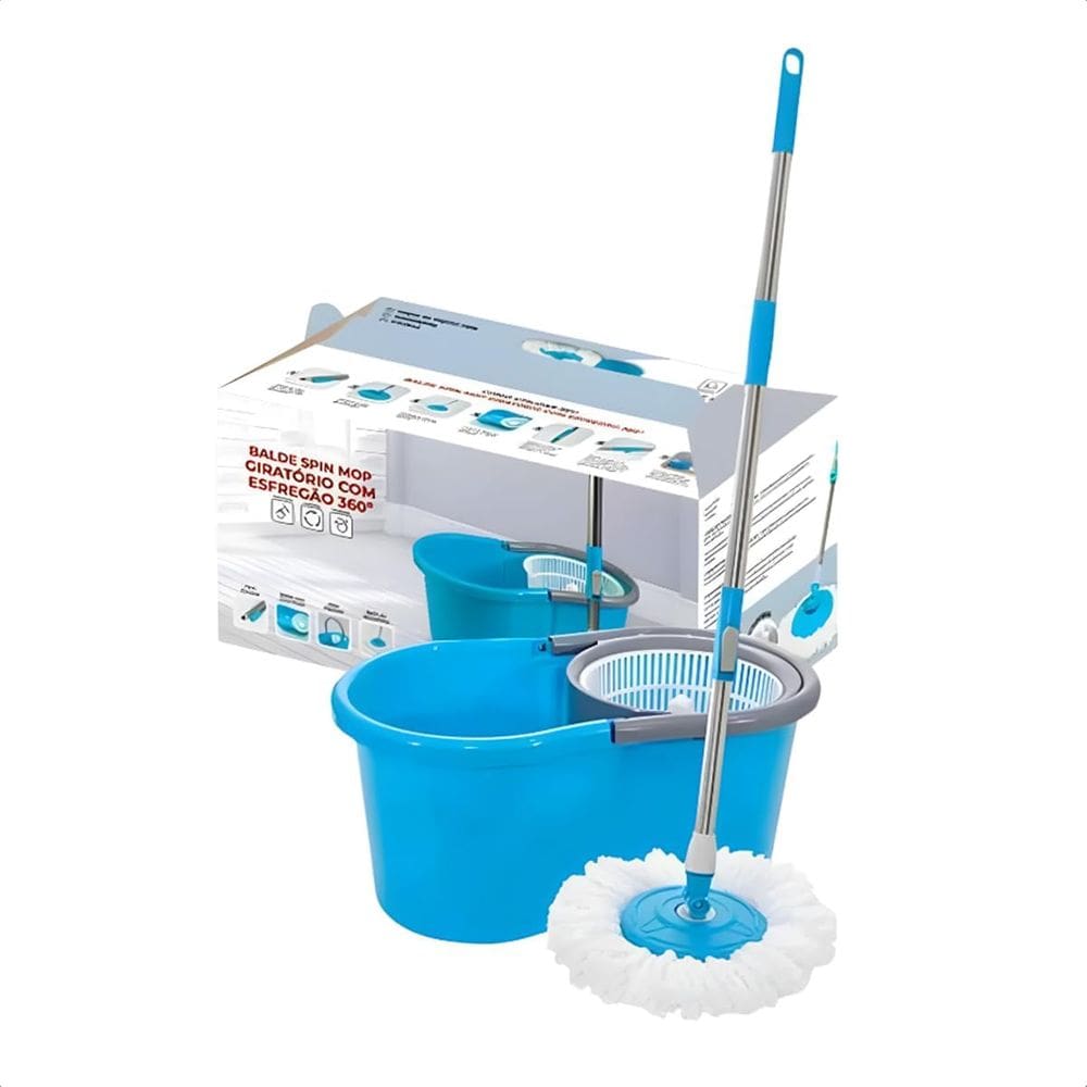 Vassoura Esfregao Mop Giratório Inox 9 L Cesto Inox Refil Microfibra Limpeza
