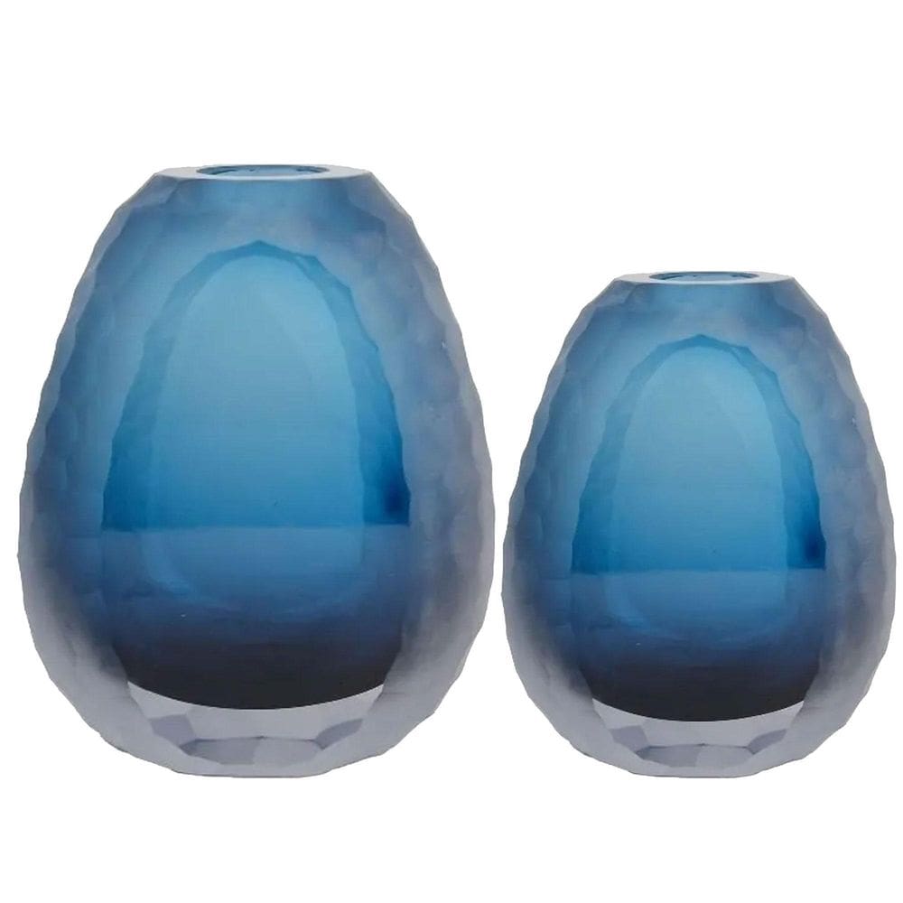 Kit 2 Vaso Oval Vidro Murano Italiano Médio E Pequeno Azul