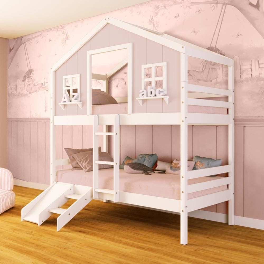 Beliche Casinha dos Sonhos com Escada/ Escorregador Madeira Maciça Rosa/ Branco Megamobilia