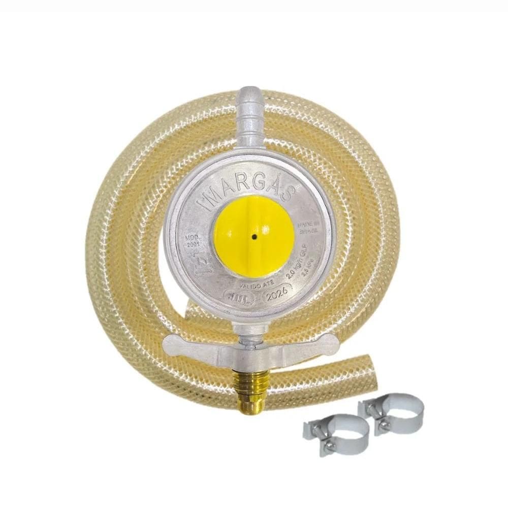 Kit Regulador de Gás Completo Baixa Pressão 2kg com Válvula, Mangueira 1,25m e 2 Abraçadeiras - Imar