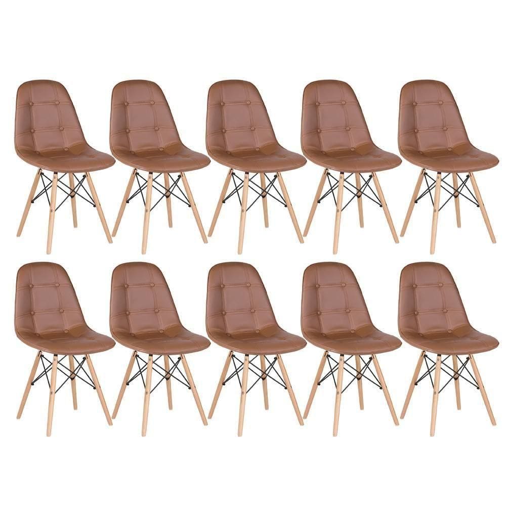 Kit - 10 X Cadeiras Estofadas Eames Eiffel Botonê - Base De Madeira Clara - Marrom