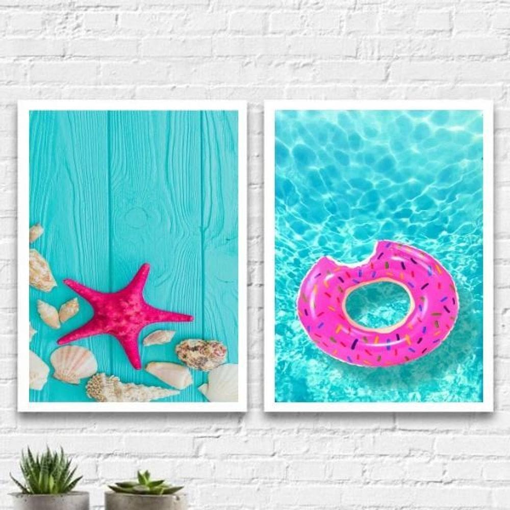 Kit 2 Quadros Verão Azul E Rosa 45X34Cm