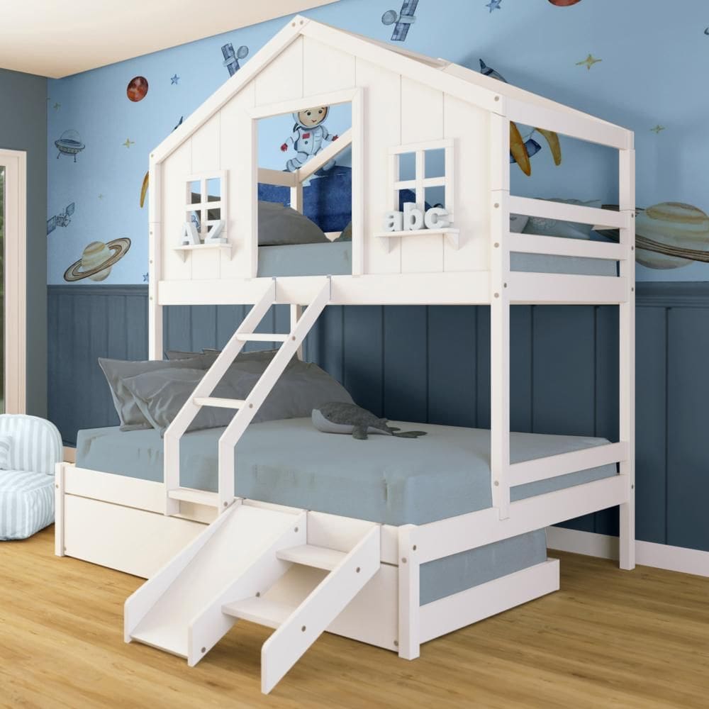 Treliche Casal/ Solteiro Casinha dos Sonhos Kit Escada/ Escorregador Madeira Maciça Branco Megamobilia