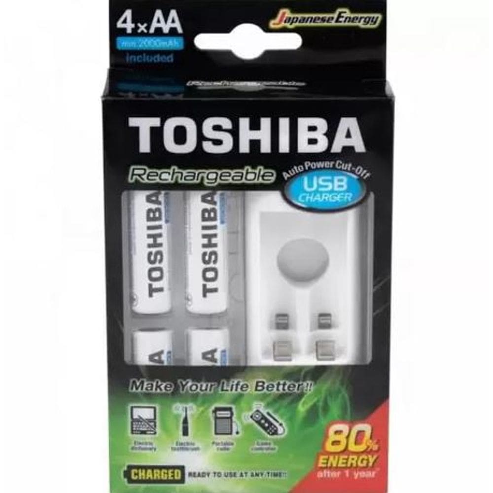 Carregador De Pilha Usb Toshiba P/2 Pilhas Aa/Aaa Min.2.000 Mah C/4 Pilhas Aa