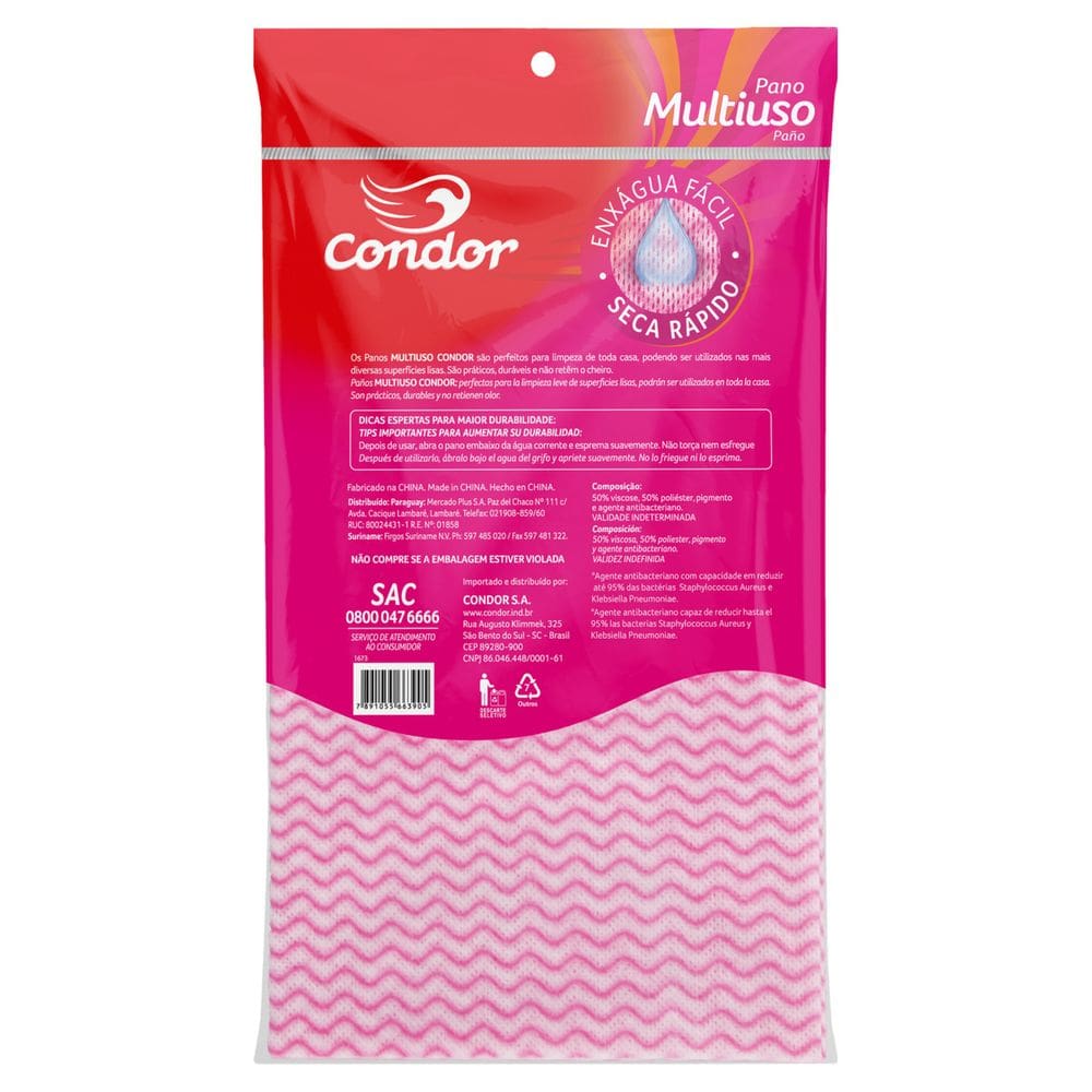 Pano Multiuso Rosa Condor Antibac 55cm x 33cm 5 Unidades