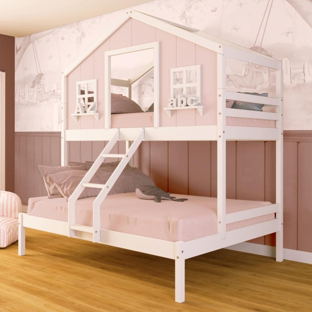 Beliche Casal/ Solteiro Casinha dos Sonhos Madeira Maciça Rosa/ Branco Megamobilia