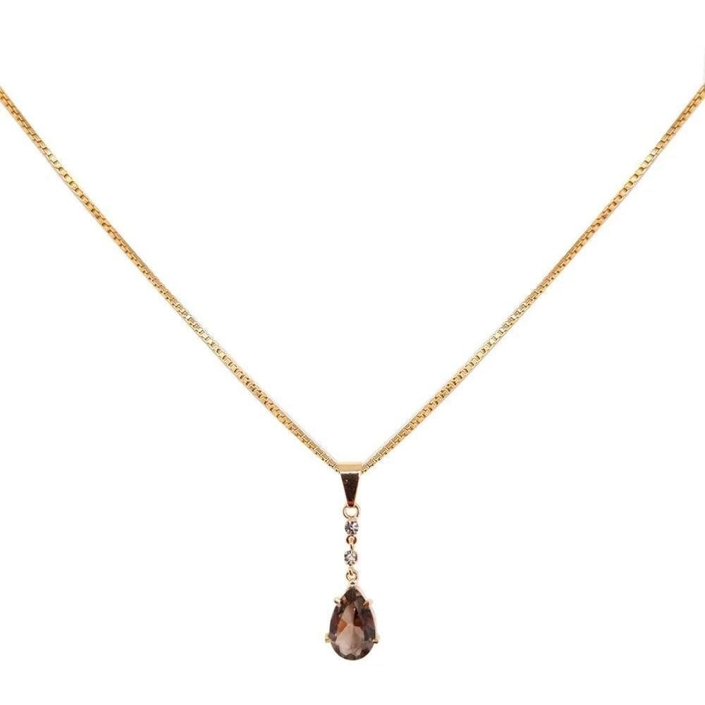 Colar Prata 925 Banhada Em Ouro 18K Gota Marrom E Brilhantes