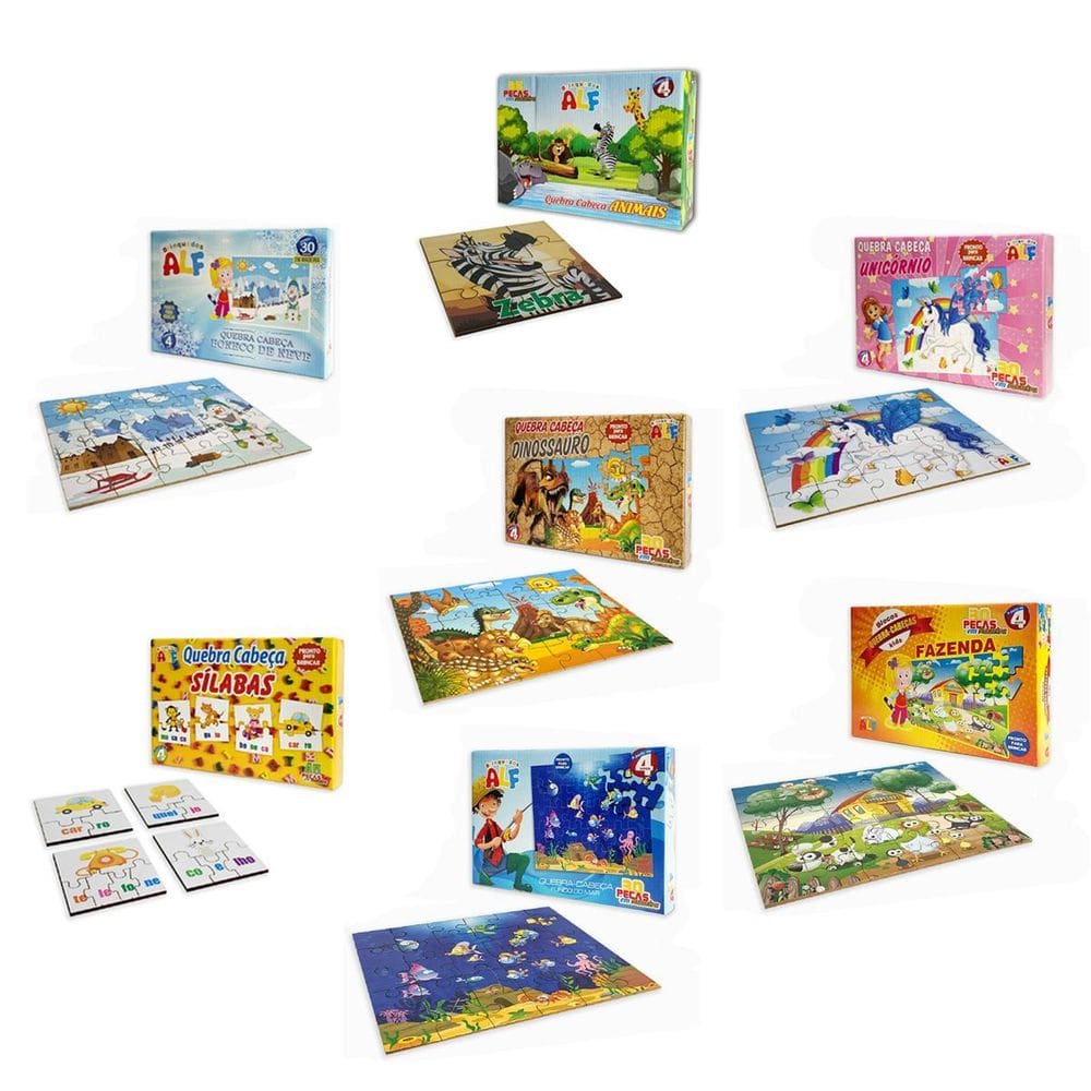 Kit Completo 7 Quebra Cabeça Infantil Divertido Em Madeira