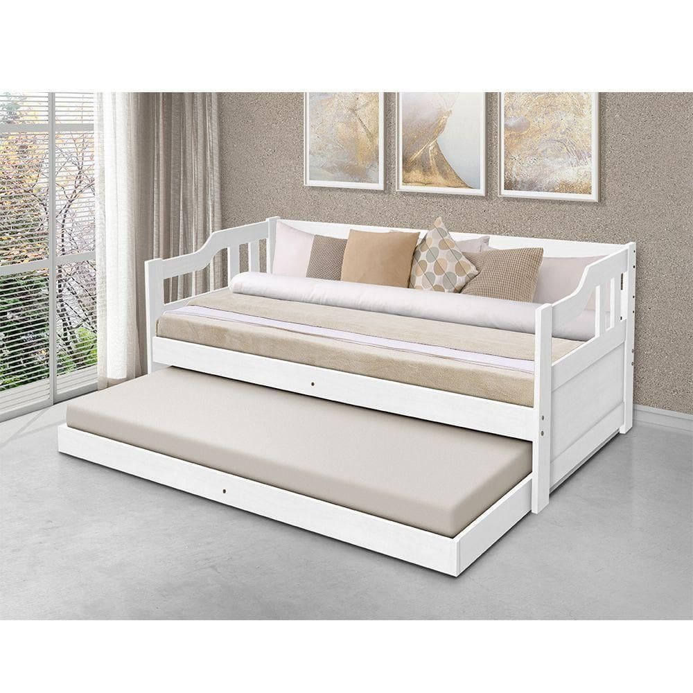 Sofá Cama Solteiro Vintage Com Cama Auxiliar Madeira + 2 Colchões - Branco - Branco