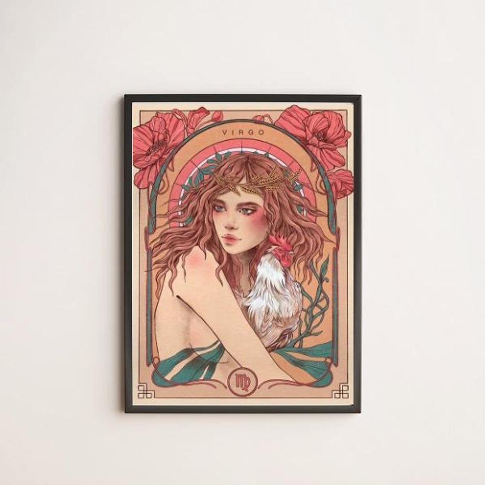 Quadro Vintage Signo Virgem 45X34Cm Com Vidro Moldura Preta