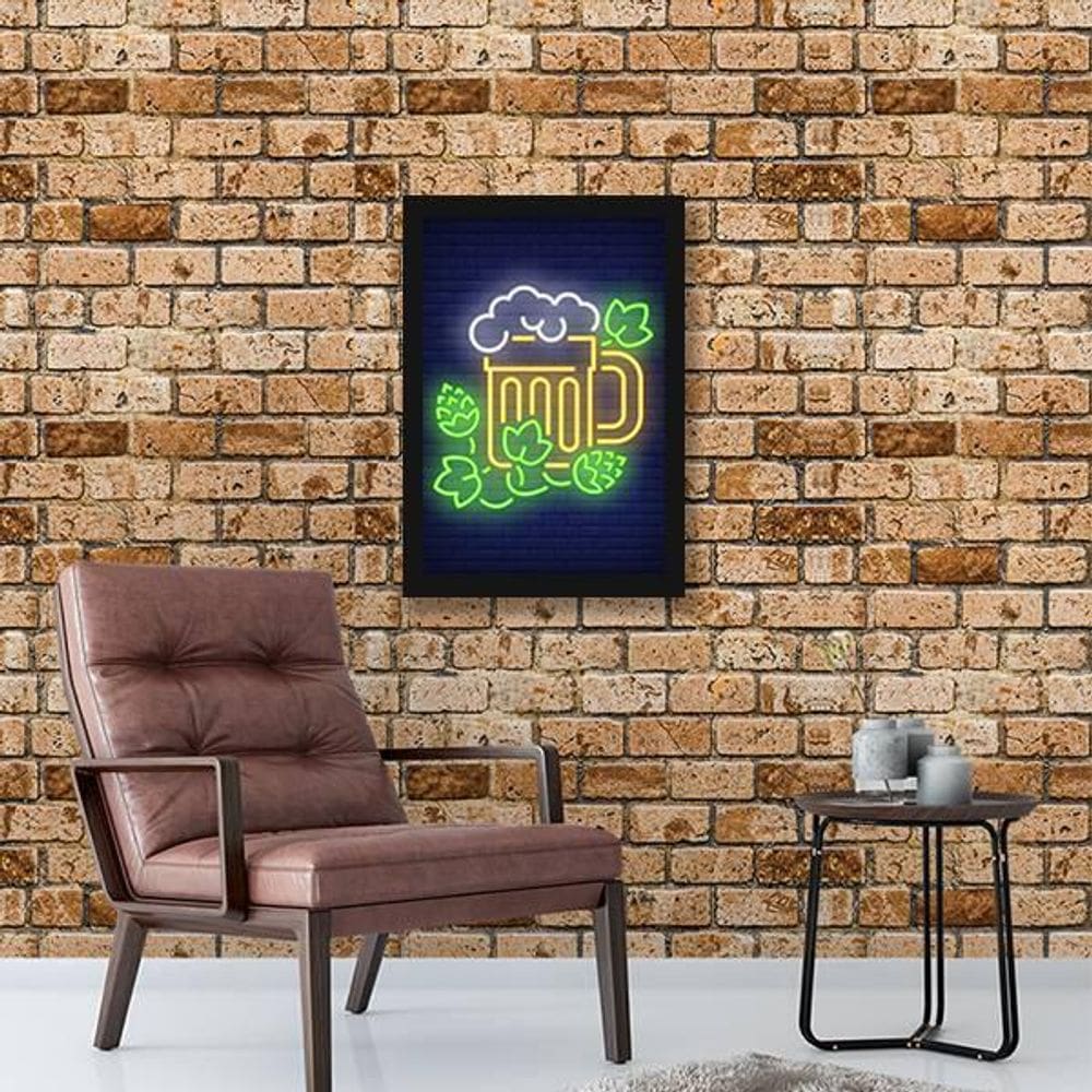 Quadro Copo Cerveja Simulando Neon Moldura Preta 24X18Cm
