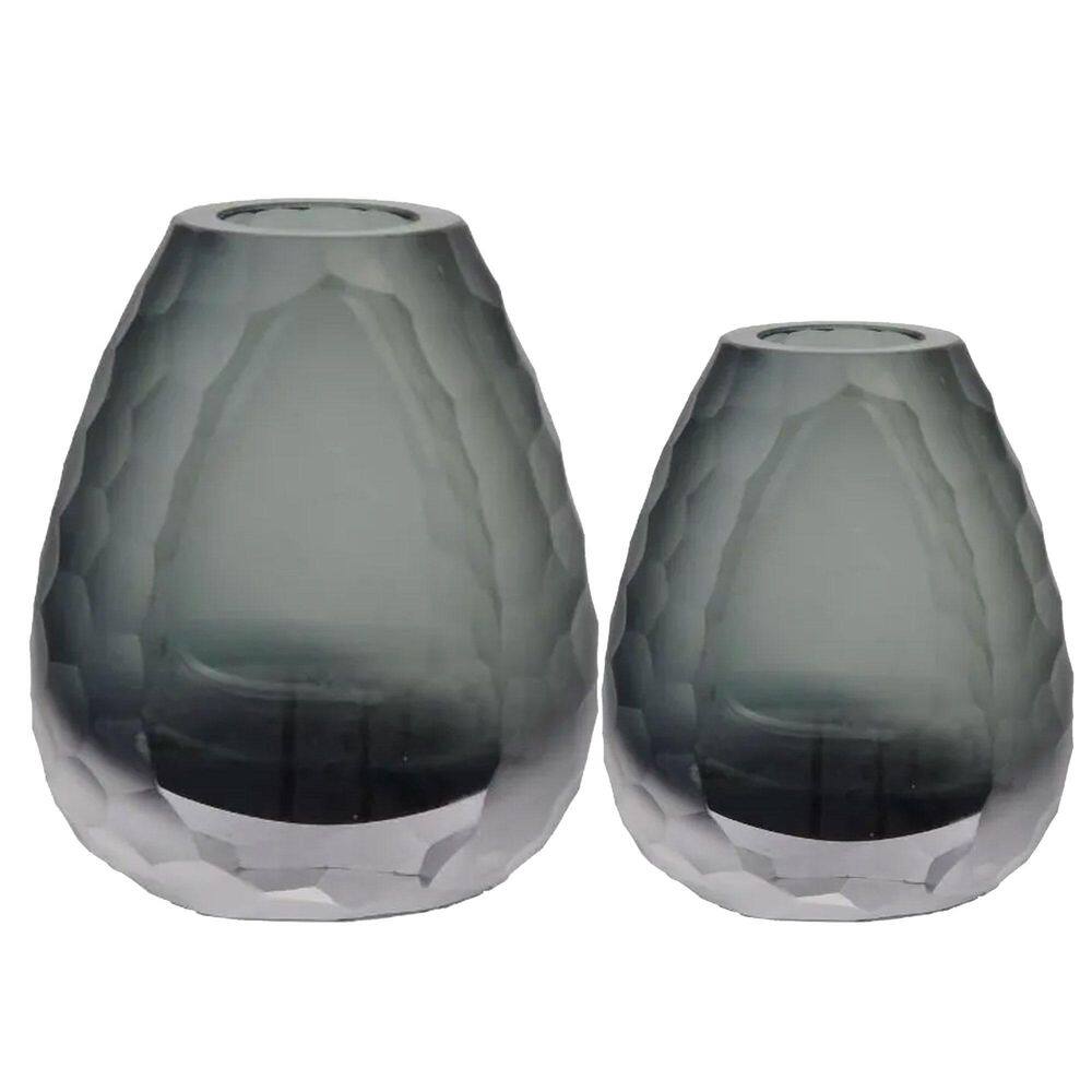 Kit 2 Vaso Oval Vidro Murano Italiano Médio E Pequeno Cinza